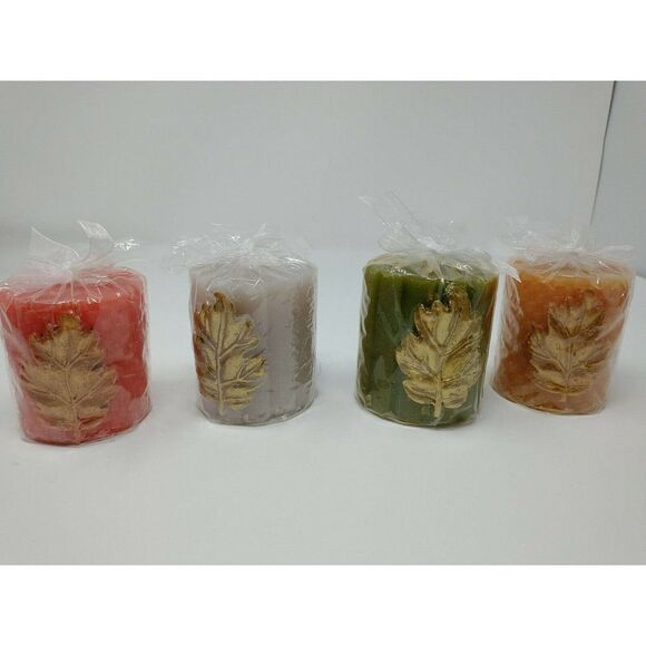 Candle Set With Leaf Motif Lot Of 4 Fall Autumn - Picture 1 of 5